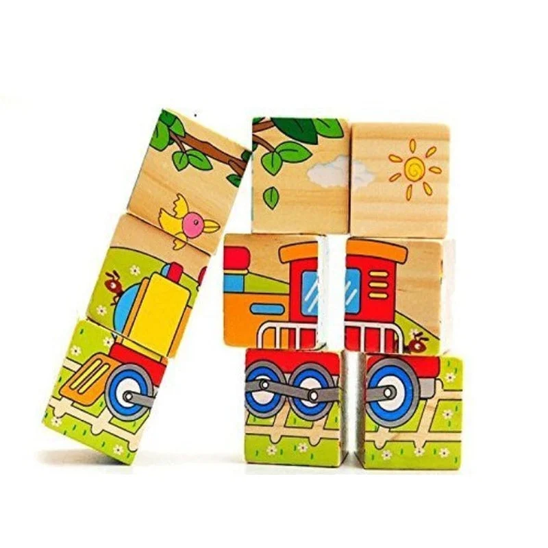 Sustainable wooden toys made from recycled wood​ 3D 6 Face Animal Block Puzzle 6 in 1 Wooden Cube Jigsaw Toys (Vehicles)